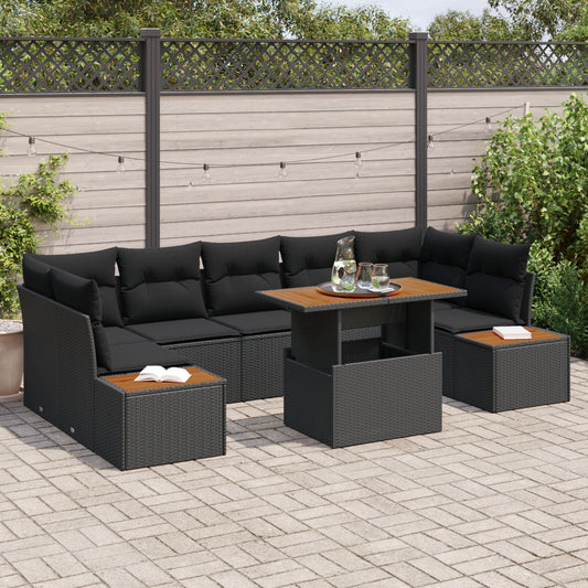 8 Piece Garden Dining Set with Cushions Black Poly Rattan Acacia