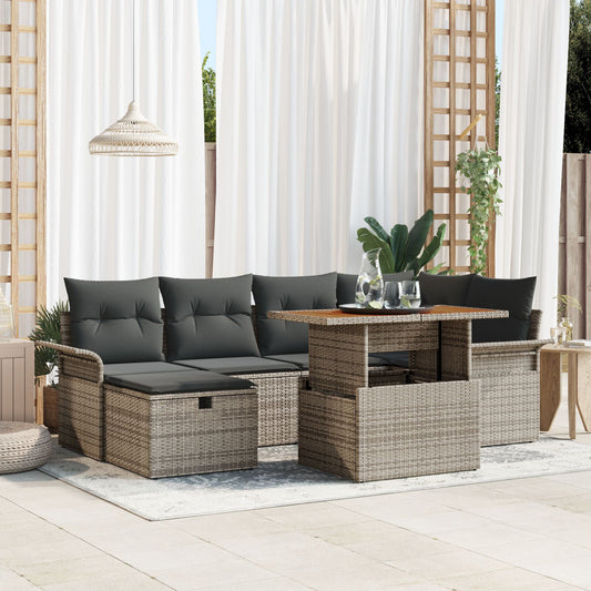 7 Piece Garden Sofa Set with Cushions Grey Poly Rattan