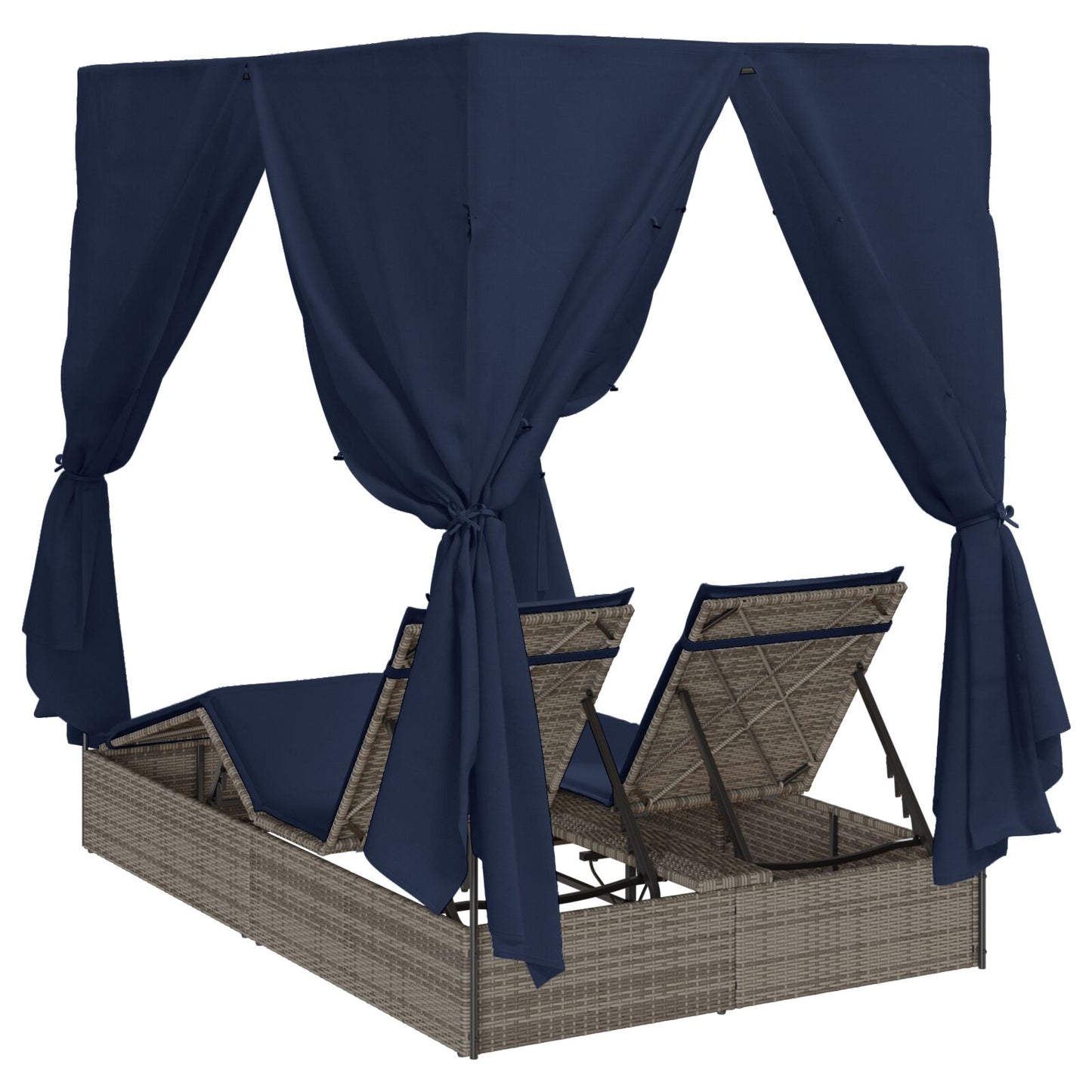 Double Sun Lounger Set of 2 Grey and Navy Blue Rattan Large