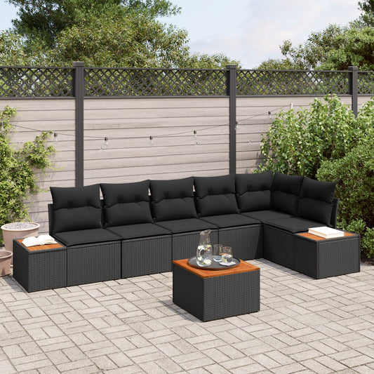 7 Piece Garden Sofa Set with Cushions Black Poly Rattan Acacia