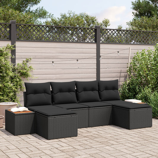 6 Piece Garden Sofa Set with Cushions Black Poly Rattan Acacia