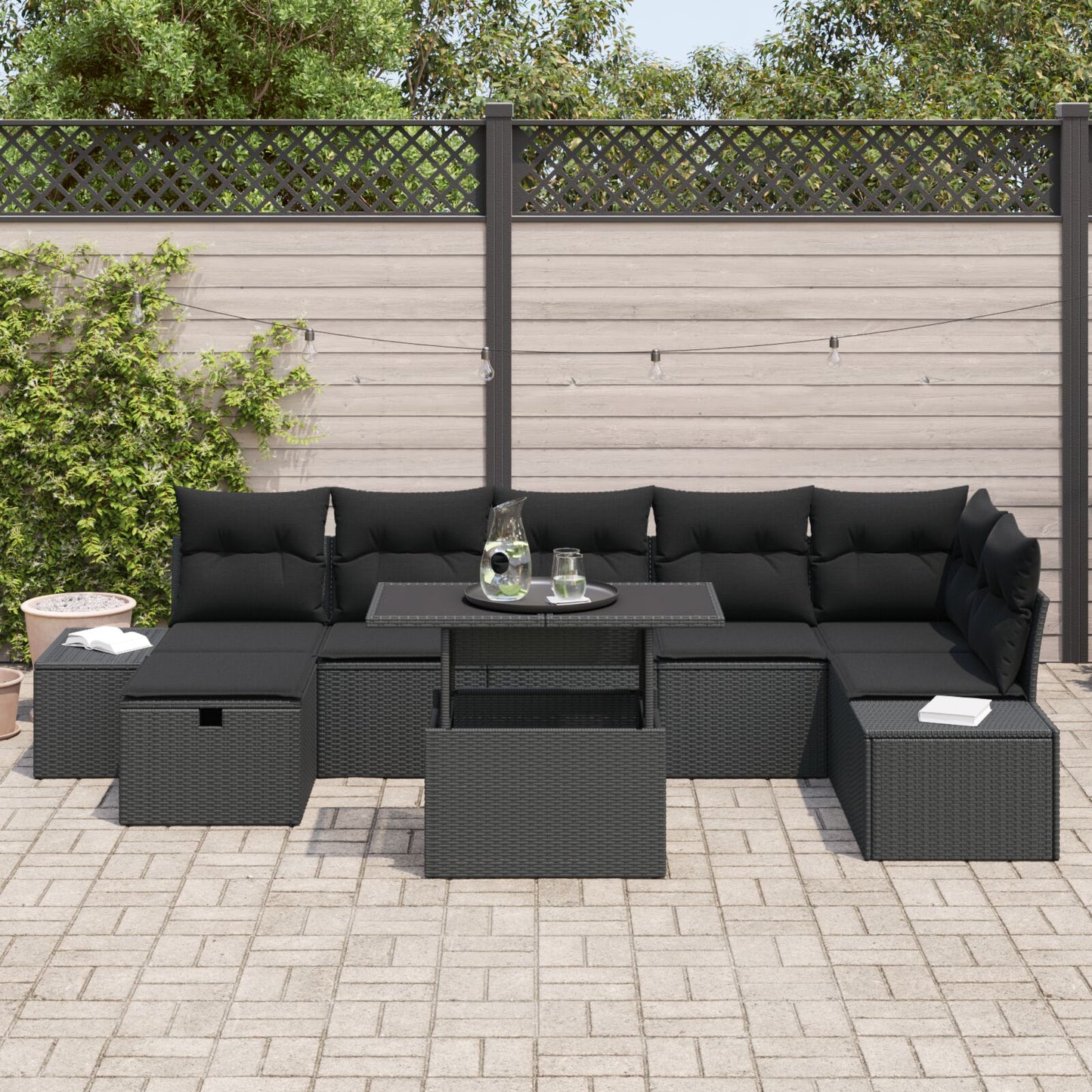 8 Piece Garden Sofa Set with Cushions Black Poly Rattan