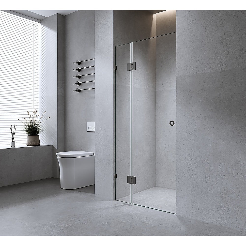 100cm Wall to Wall Frameless Shower Screen with White Brackets and Brass Hinges, Round Handle