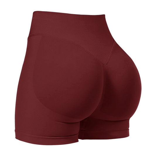 XL Wine Red High-Elastic Hip Yoga Shorts - Seamless Mid-Intensity Pilates Workout Shorts