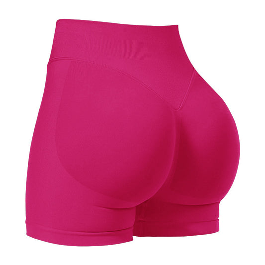 XL Rose Red High-Elastic Hip Yoga Shorts - Seamless Mid-Intensity Pilates Workout Shorts