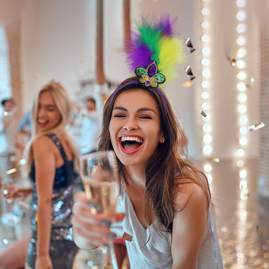 Yellow Clown Pattern Festive Mardi Gras Feather Headband Set - 10 Pack Sequin Jester Hat Party Accessory